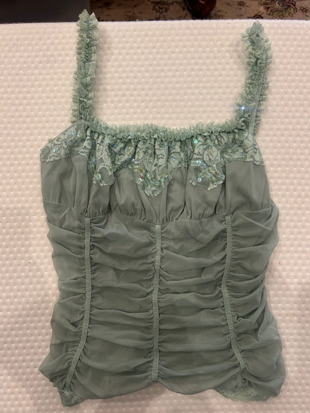 Sleeveless Sage Green Ruffle Lace Cami Top-Small